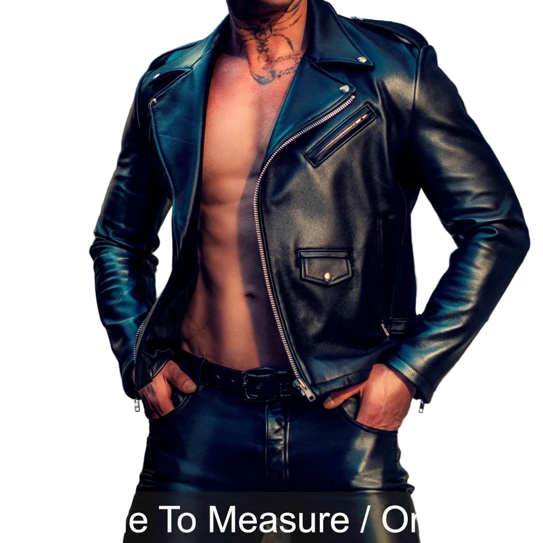 Men’s Genuine Cowhide Leather Biker Jacket – Classic Black Brando Style