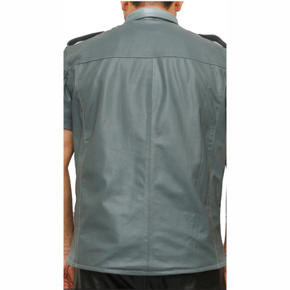 Men’s Real Leather Police Uniform Shirt Short Sleeve Gray With Black Leather Shirt