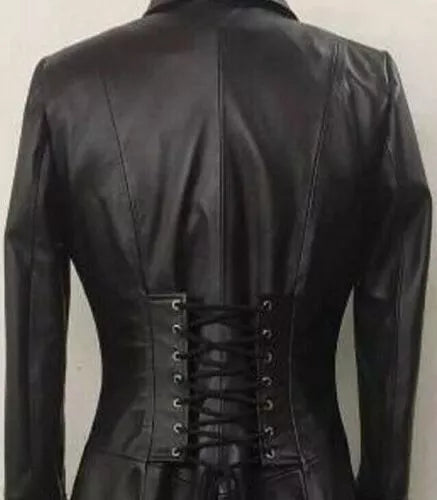 Women’s Leather Trench Coat – Long Duster with Corset Back Laces
