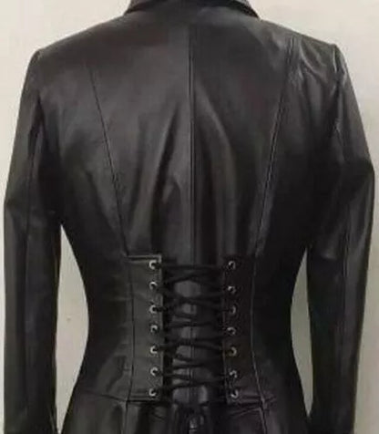 Women’s Leather Trench Coat – Long Duster with Corset Back Laces