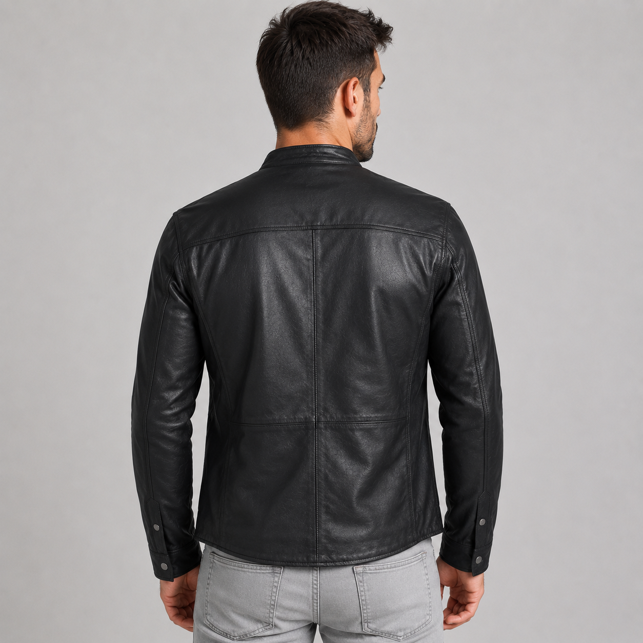 Back view of a men's leather shirt jacket in soft lambskin leather.