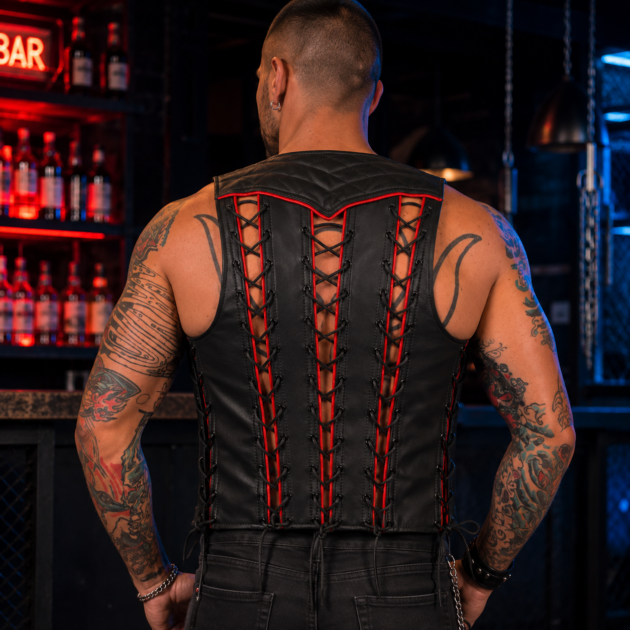 Back view of quilted leather bartender vest with colored trim detailing