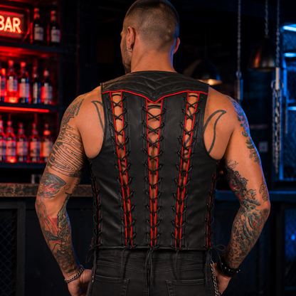 Back view of quilted leather bartender vest with colored trim detailing