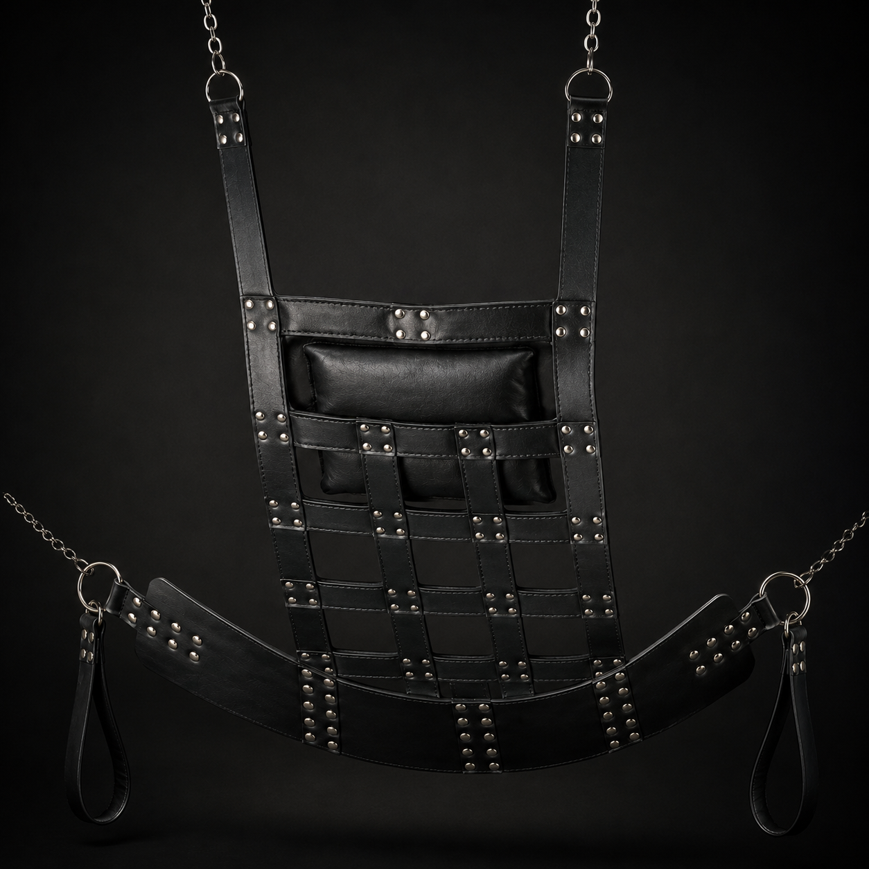 Back view of the chrome leather sex swing showing lattice weave stitching and rivet reinforcement