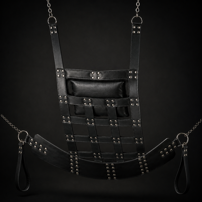 Back view of the chrome leather sex swing showing lattice weave stitching and rivet reinforcement
