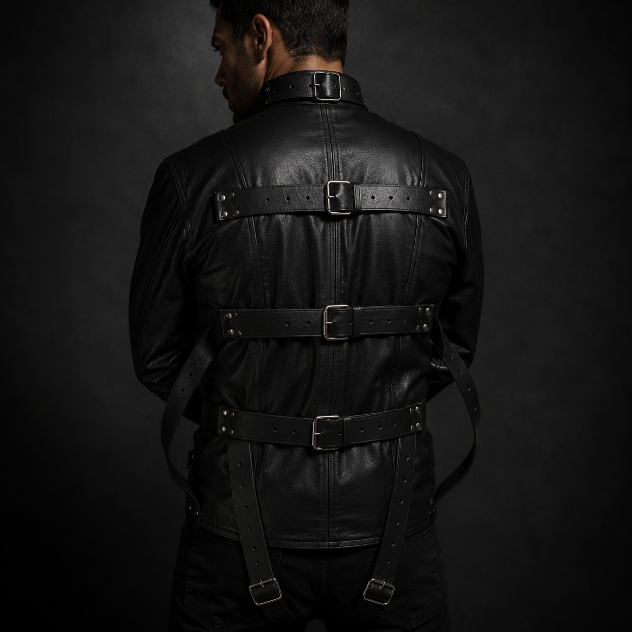 Back view of the leather bondage straitjacket showing the three-strap restraint system and D-rings