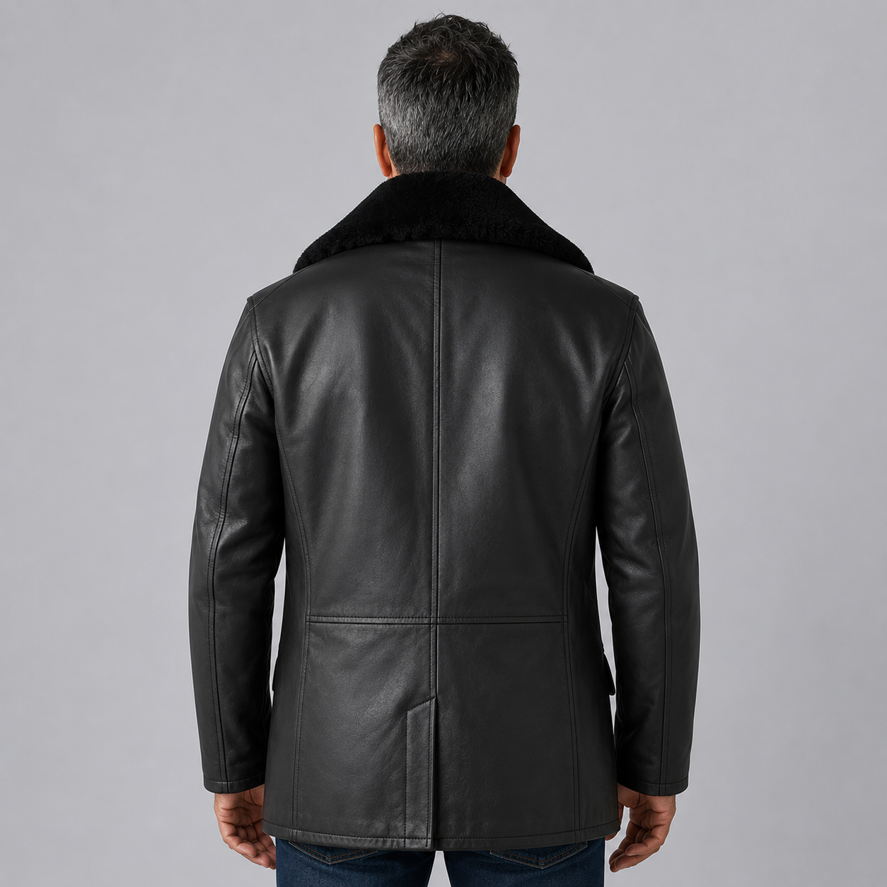 Back view of the leather pea coat men style showing tailored fit and fur collar.