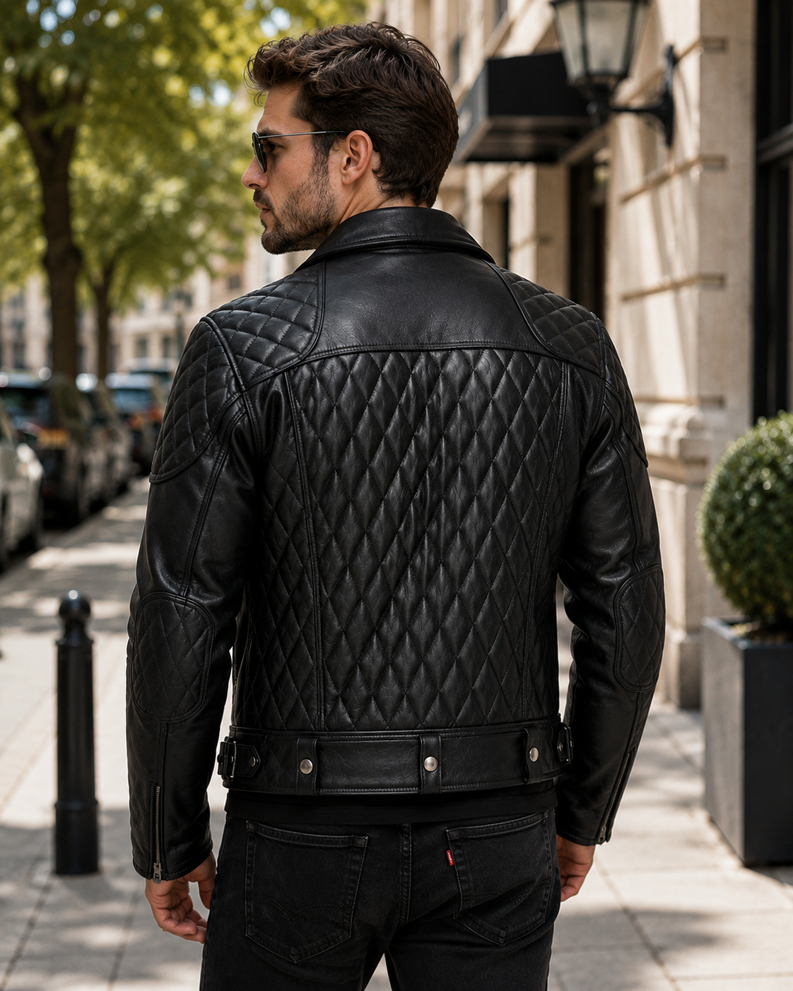Back view of the quilted cowhide moto jacket showing diamond stitching across the back and shoulders