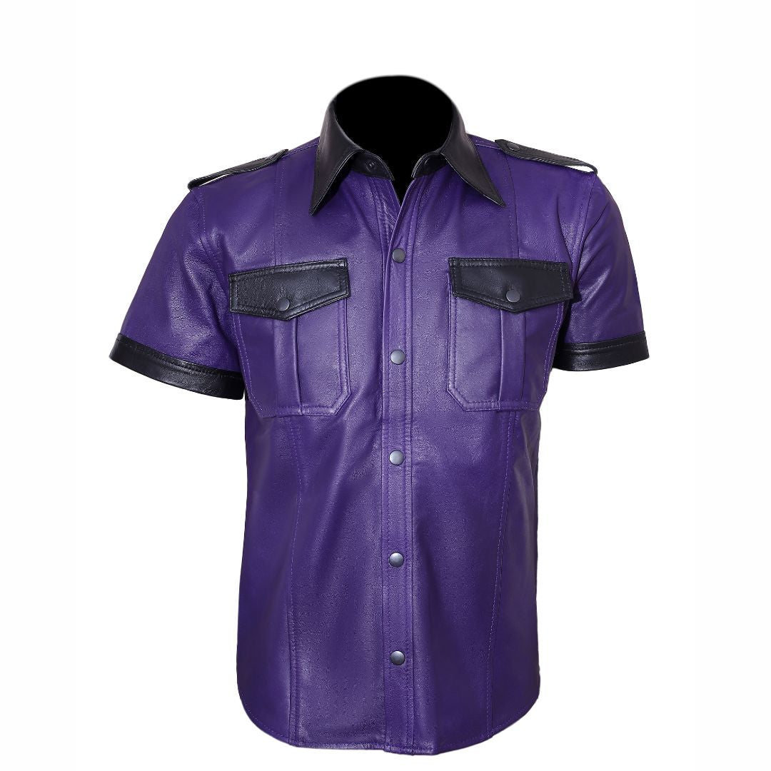 Men’s Lamb Leather Police Shirt with Contrast Trims & Shoulder Straps