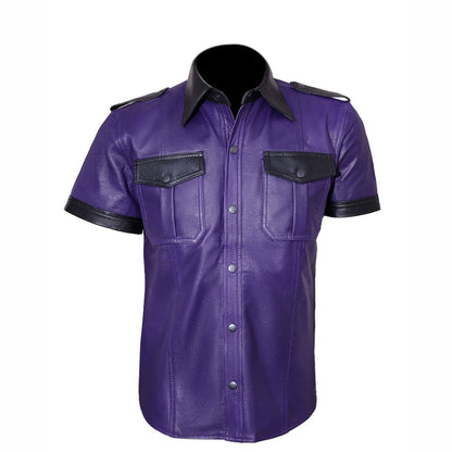 Men’s Lamb Leather Police Shirt with Contrast Trims & Shoulder Straps