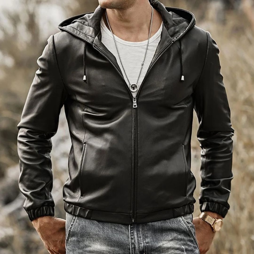 Men’s Real Lamb Leather Hooded Jacket with Drawstring & Zip Front