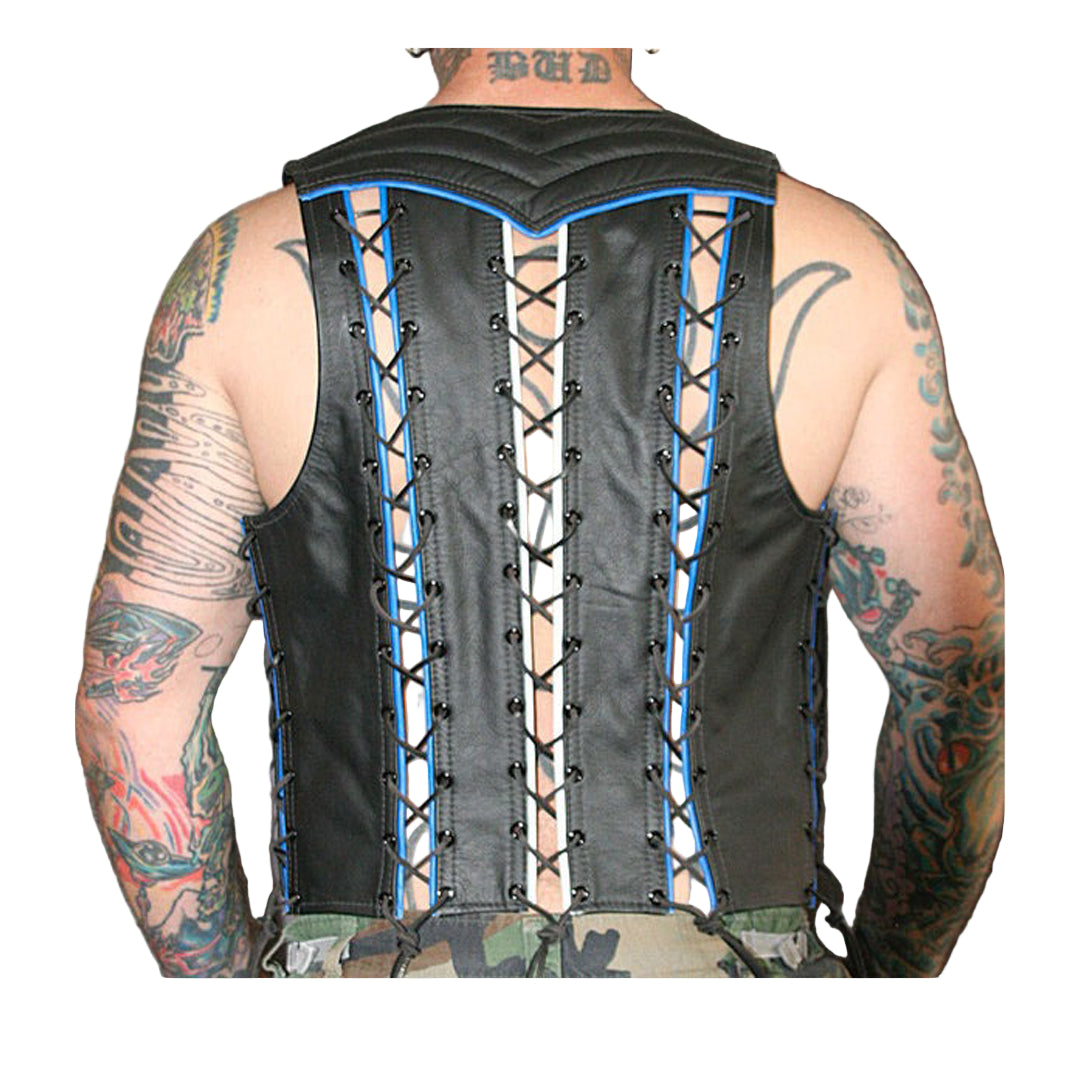 Men’s Genuine Leather Bartender Vest with Quilted Panels, Lace-Up Sides & Colored Trims