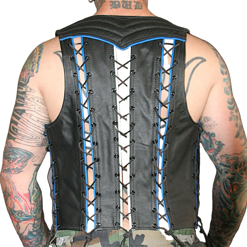 Men’s Genuine Leather Bartender Vest with Lace-Up Sides & Quilted Design