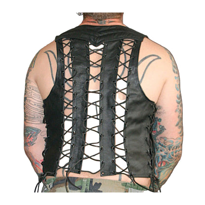 Men’s Genuine Leather Bartender Vest with Quilted Panels, Lace-Up Sides & Colored Trims