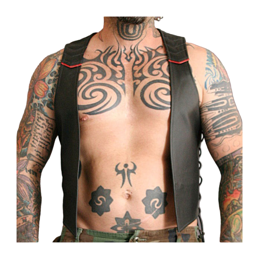 Men’s Genuine Leather Bartender Vest with Quilted Panels, Lace-Up Sides & Colored Trims