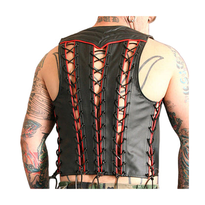 Men’s Genuine Leather Bartender Vest with Quilted Panels, Lace-Up Sides & Colored Trims