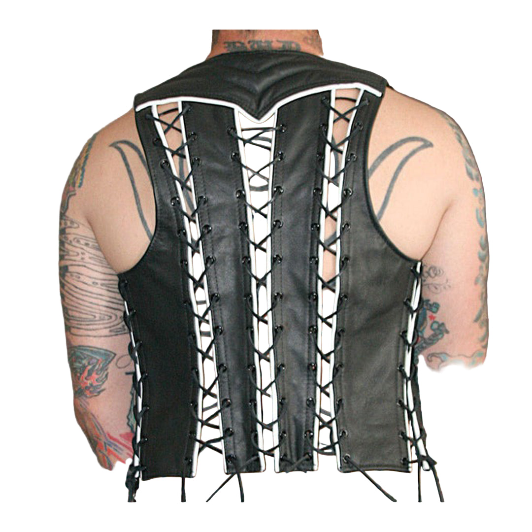 Men’s Genuine Leather Bartender Vest with Quilted Panels, Lace-Up Sides & Colored Trims