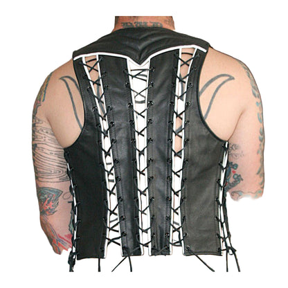 Men’s Genuine Leather Bartender Vest with Quilted Panels, Lace-Up Sides & Colored Trims