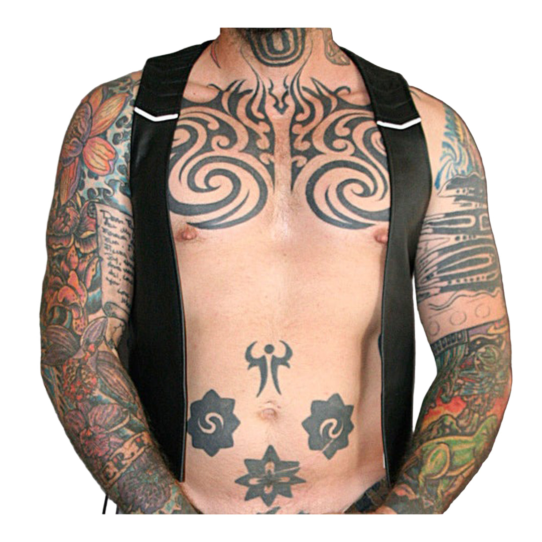 Men’s Genuine Leather Bartender Vest with Quilted Panels, Lace-Up Sides & Colored Trims