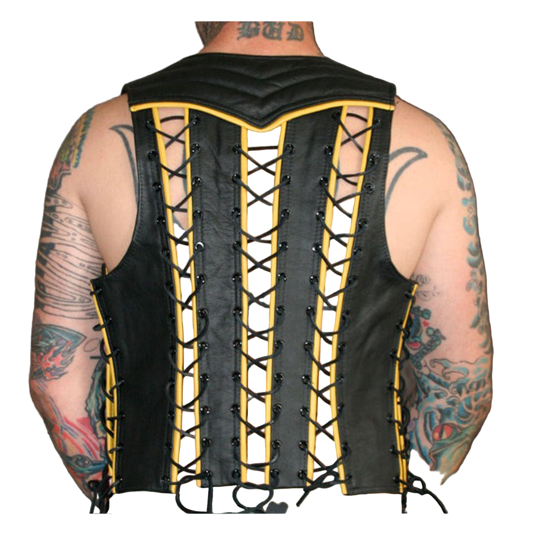 Men’s Genuine Leather Bartender Vest with Quilted Panels, Lace-Up Sides & Colored Trims