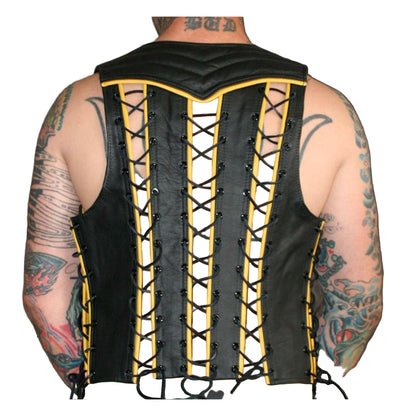 Men’s Genuine Leather Bartender Vest with Quilted Panels, Lace-Up Sides & Colored Trims