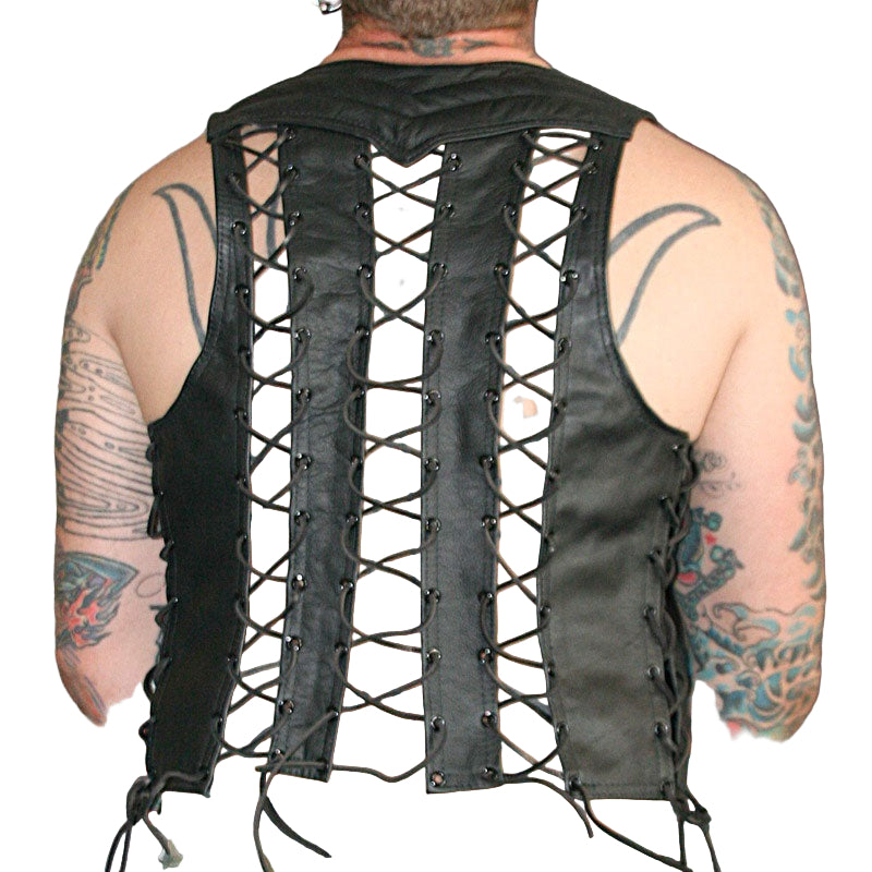 Men’s Genuine Leather Bartender Vest with Lace-Up Sides & Quilted Design