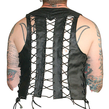 Men’s Genuine Leather Bartender Vest with Lace-Up Sides & Quilted Design