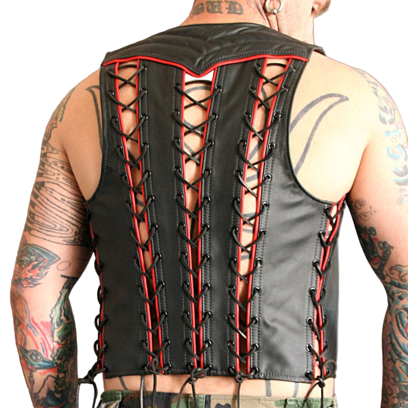 Men’s Genuine Leather Bartender Vest with Lace-Up Sides & Quilted Design