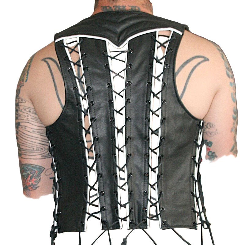 Men’s Genuine Leather Bartender Vest with Lace-Up Sides & Quilted Design