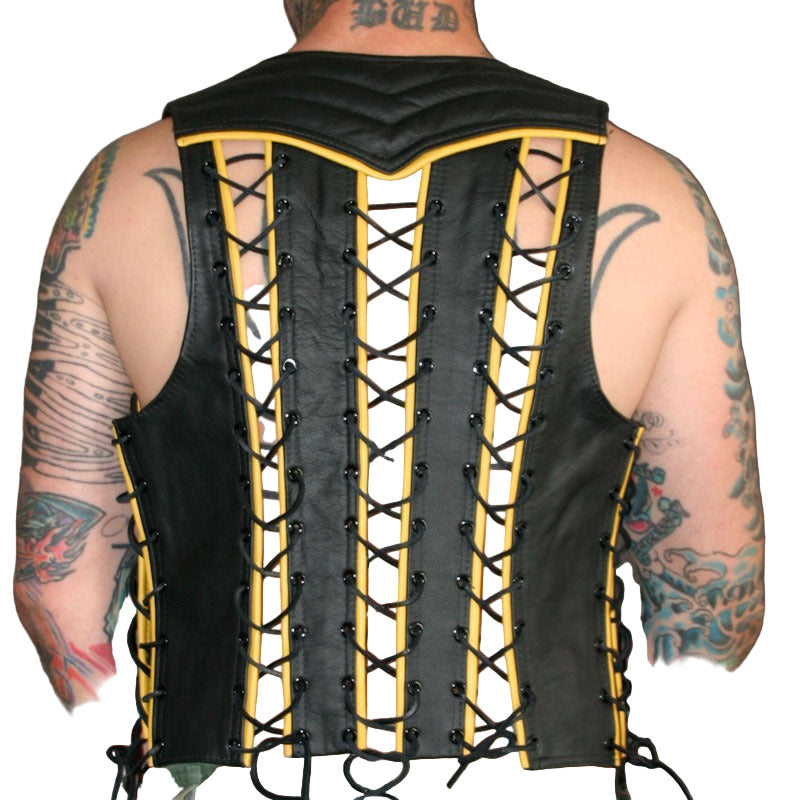 Men’s Genuine Leather Bartender Vest with Lace-Up Sides & Quilted Design