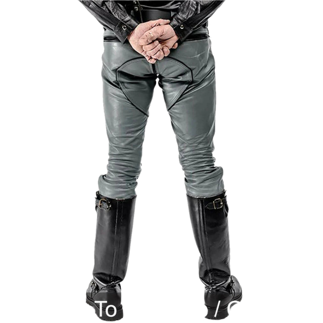 Men’s Grey Cowhide Leather Biker Pants with Black Piping – BLUF Style