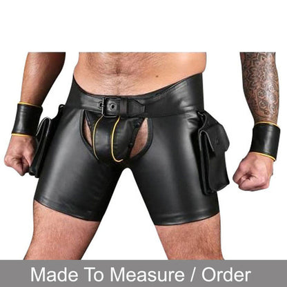 Men’s Leather Chaps Shorts with Cargo Pockets & Jock