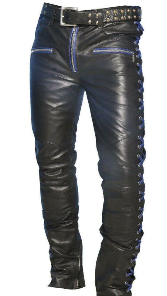 Men’s Cowhide Leather Lace-Up Pants – Contrast Laces Biker Style