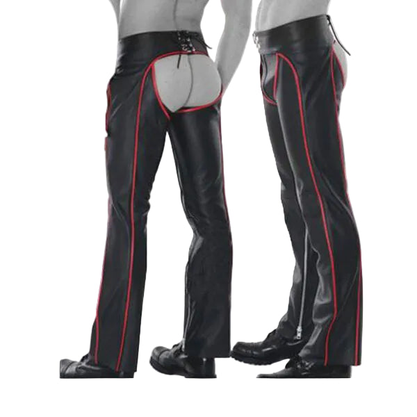 Men’s Cowhide Leather Biker Chaps with Red Piping & Codpiece
