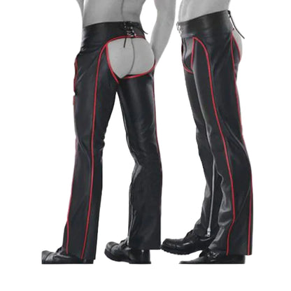 Men’s Cowhide Leather Biker Chaps with Red Piping & Codpiece