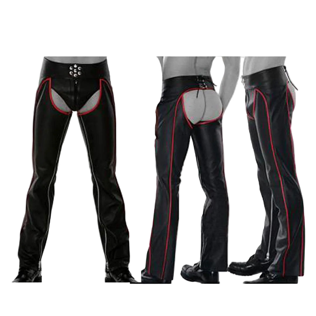Men’s Cowhide Leather Biker Chaps with Red Piping & Codpiece