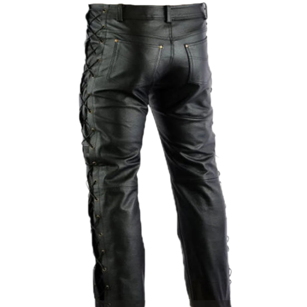 Men’s Cowhide Leather Biker Pants – Side Laces Up Style