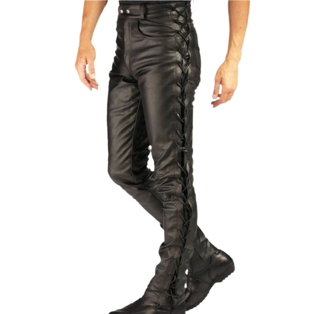 Men’s Cowhide Leather Biker Pants – Side Laces Up Style