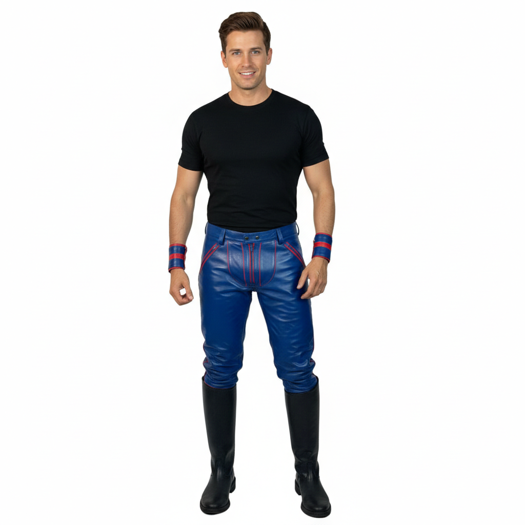 Men’s BLUF Blue Cowhide Leather Biker Pants with Red Piping