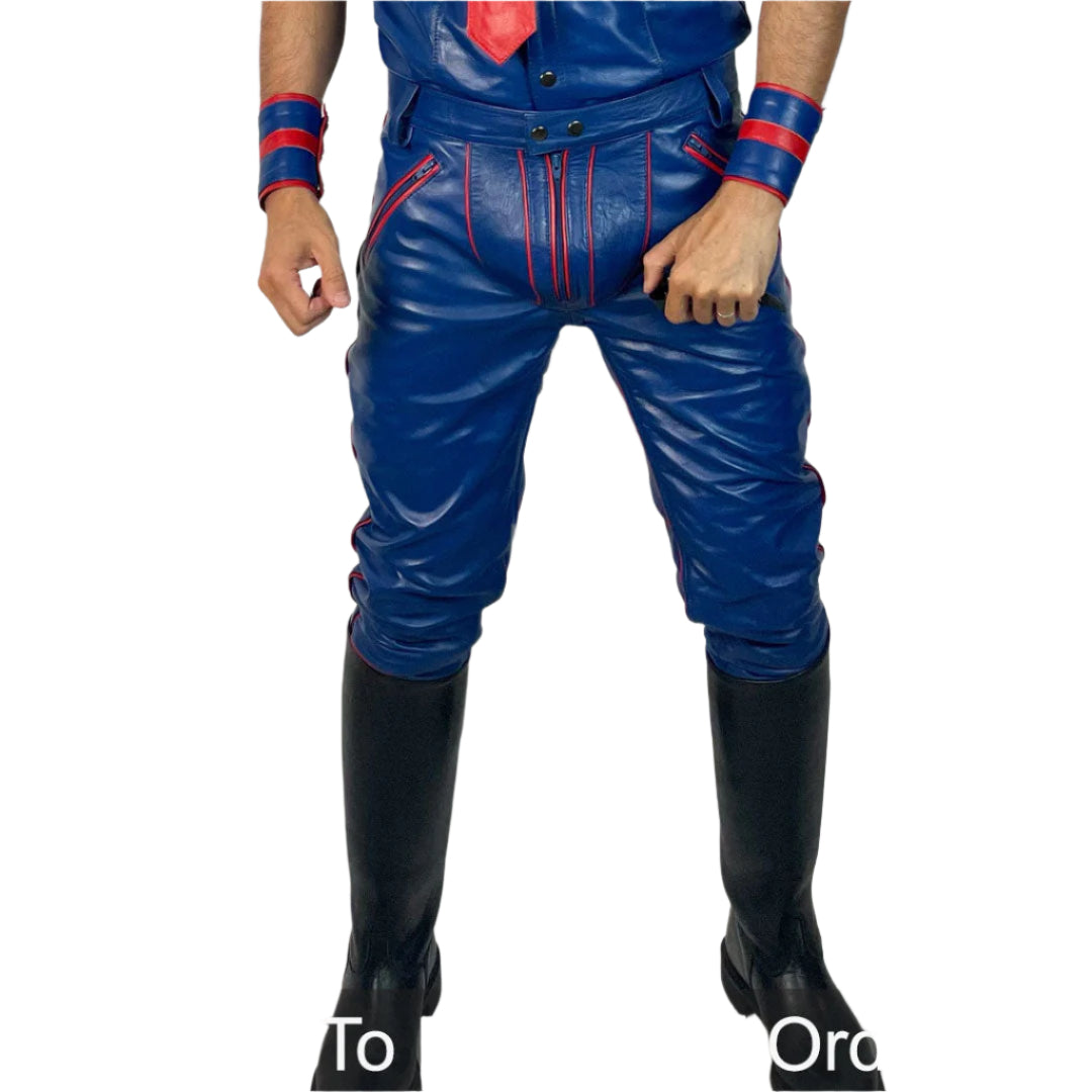 Men’s BLUF Blue Cowhide Leather Biker Pants with Red Piping