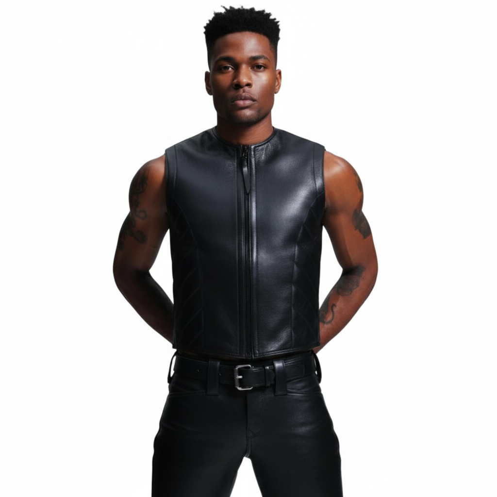 Men’s Black Cowhide Leather Biker Vest with Quilted Side Panels