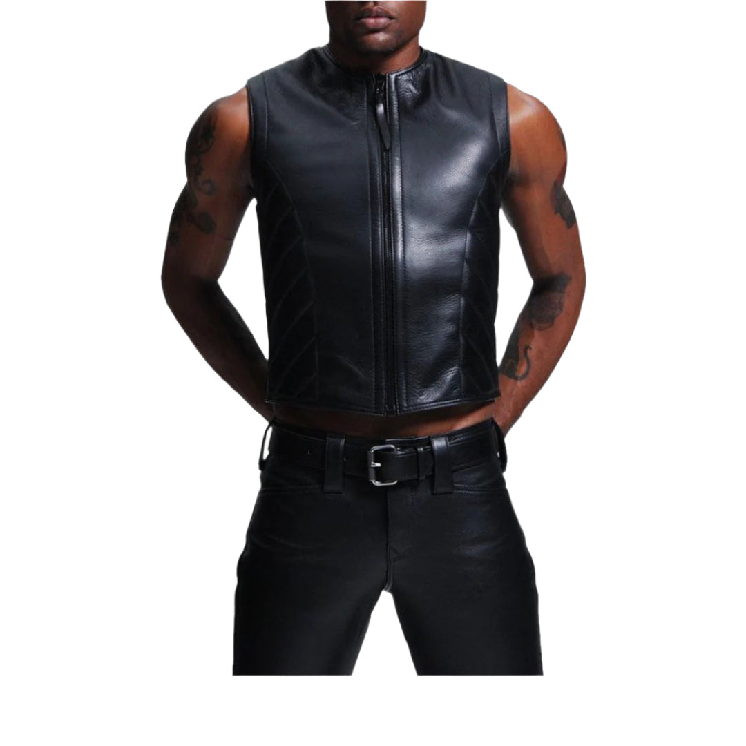 Men’s Black Cowhide Leather Biker Vest with Quilted Side Panels
