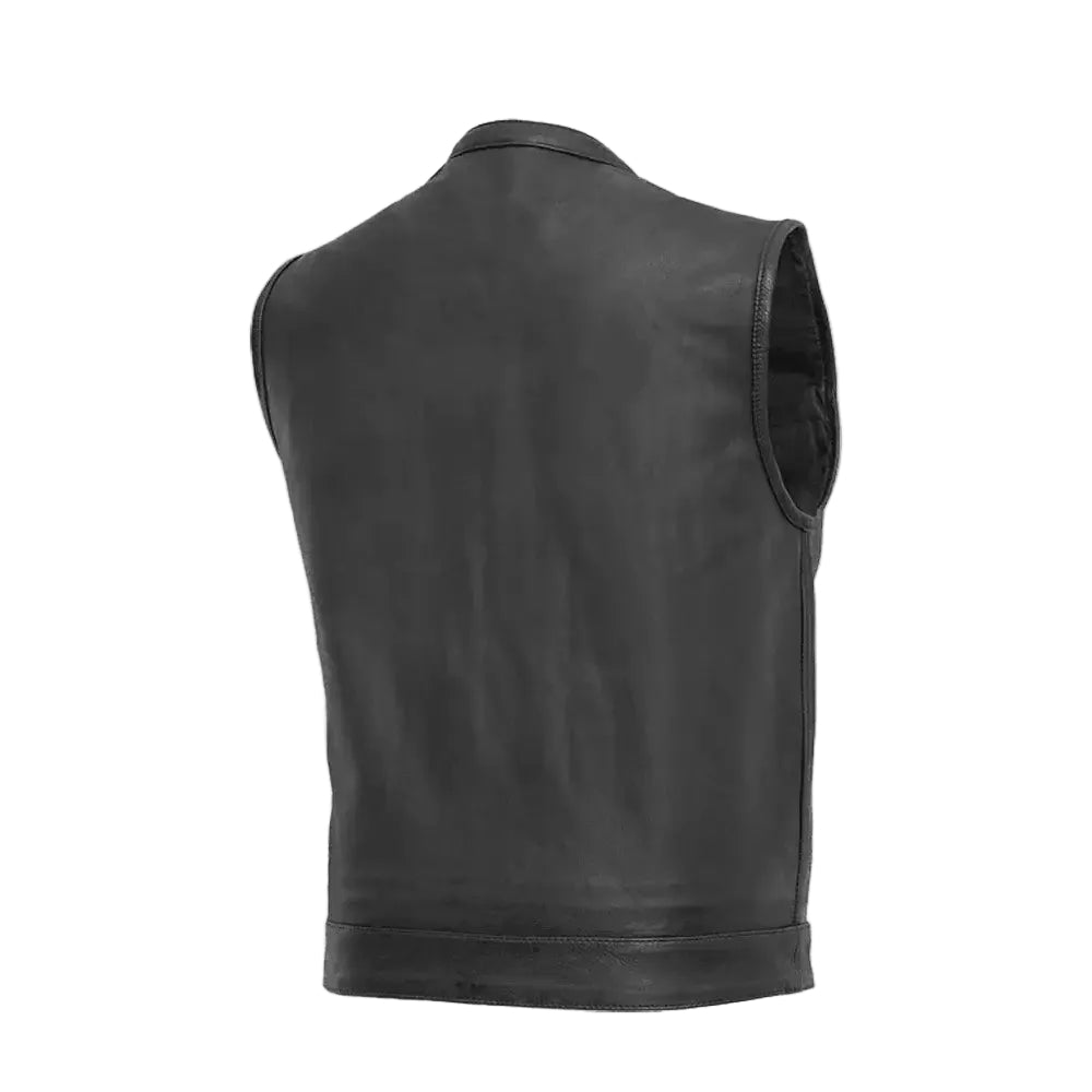Men’s All-Black Leather Biker Vest – Collarless Full Grain Cowhide