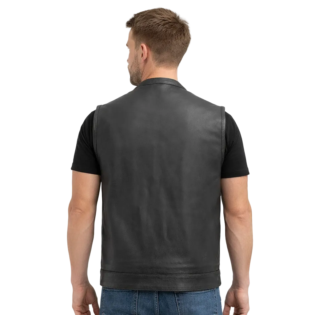 Men’s All-Black Leather Biker Vest – Collarless Full Grain Cowhide