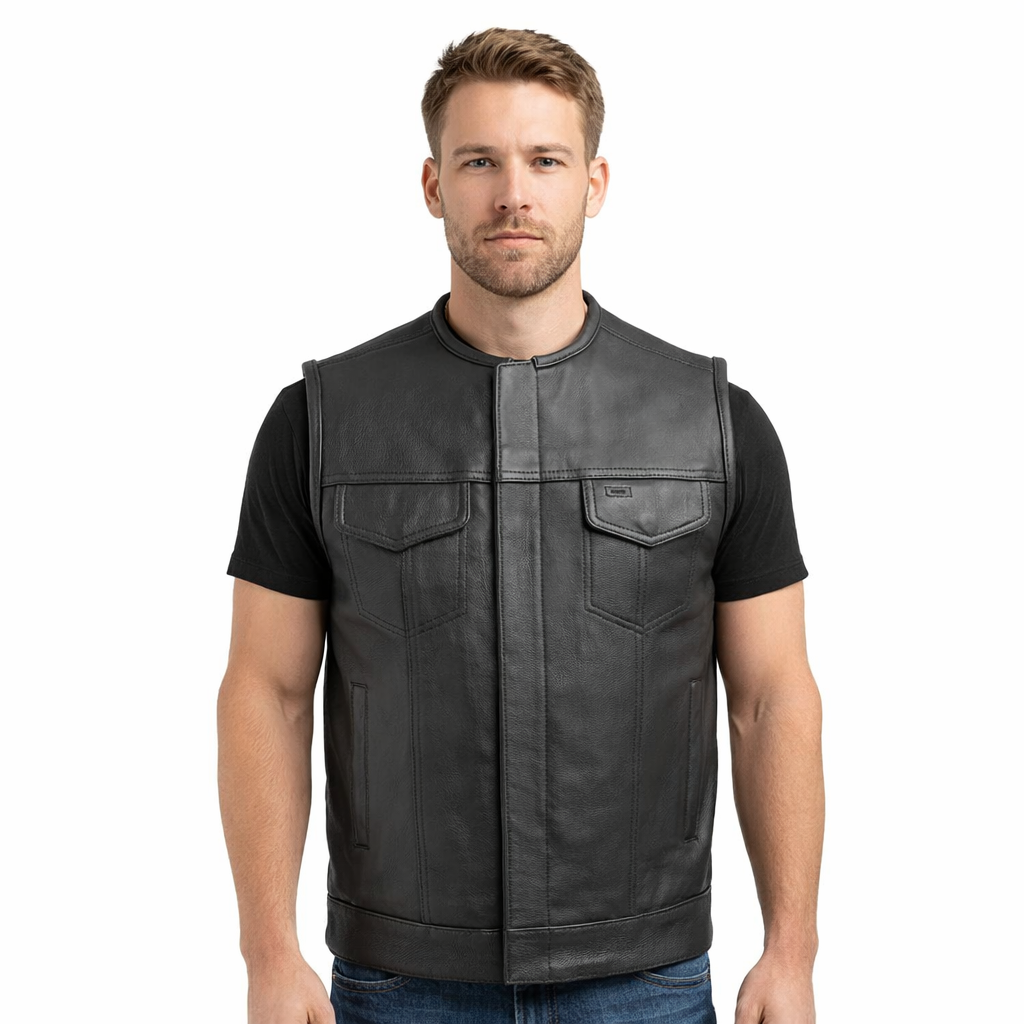 Men’s All-Black Leather Biker Vest – Collarless Full Grain Cowhide