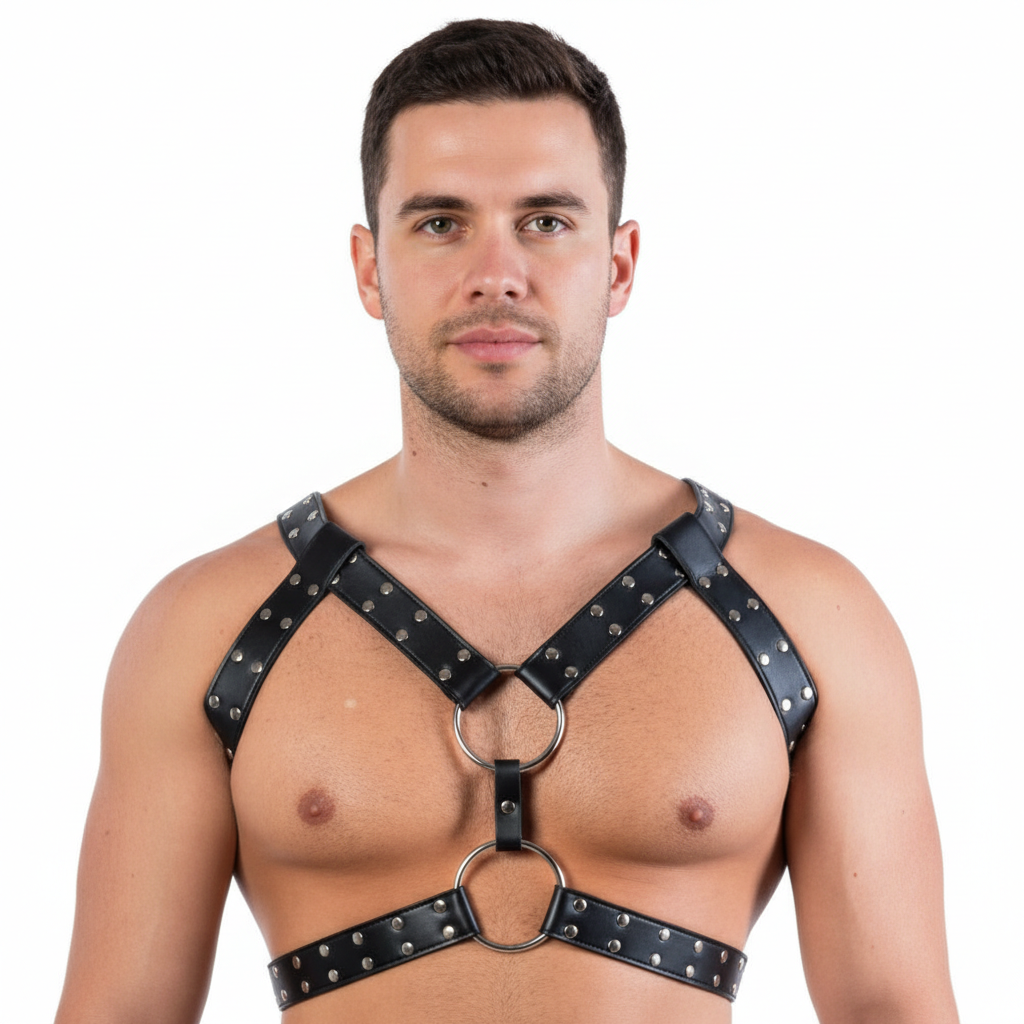 Men’s Soft Leather Triple Strap Chest Harness with Dual O-Rings