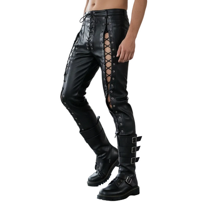 Men’s Slim Fit Cow Leather Pants with Lace‑Up Front Panels