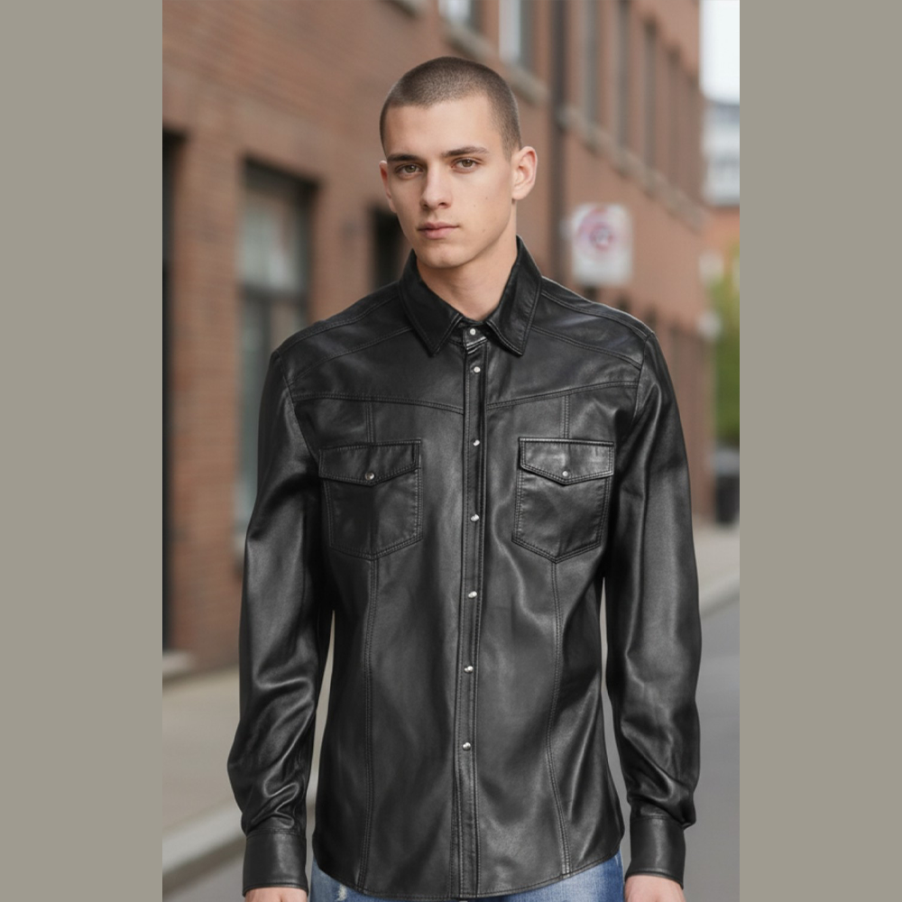 Men’s Slim Fit Lambskin Leather Button-Up Shirt in Multiple Colors
