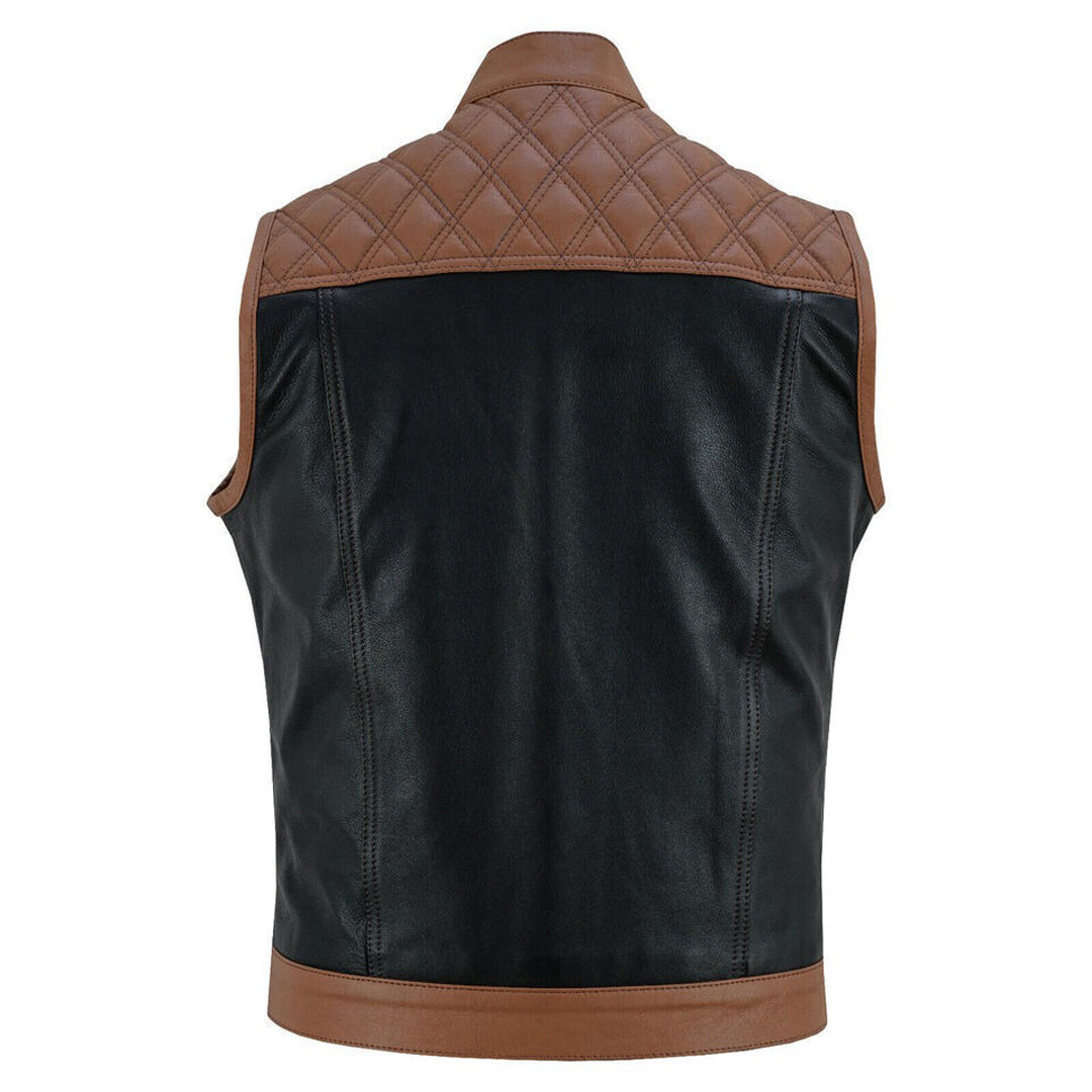 Men’s Black & Tan Quilted Leather Biker Vest – Cowhide Motorcycle Style