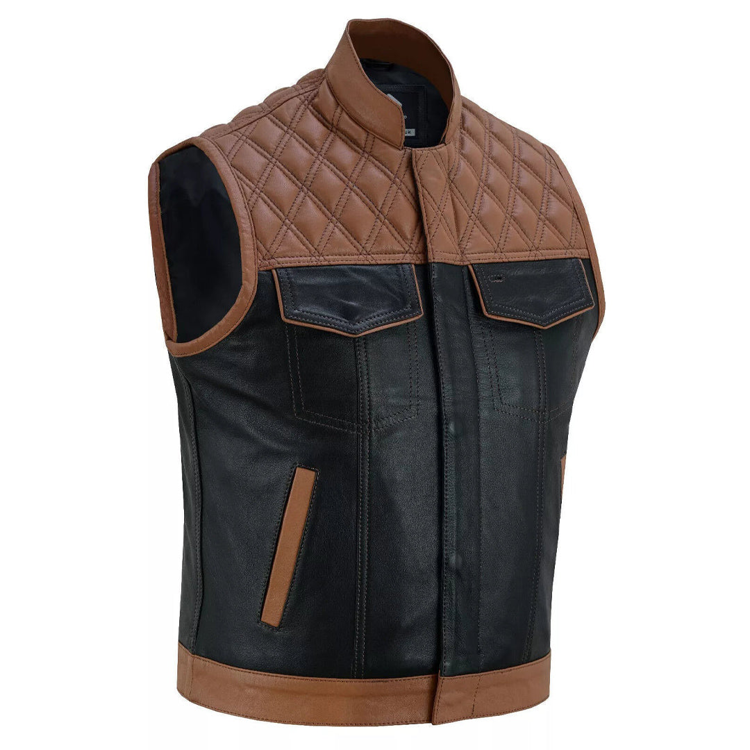Men’s Black & Tan Quilted Leather Biker Vest – Cowhide Motorcycle Style